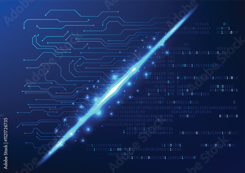 Abstract technology background. Number codes linked to technology circuits represent software writing. Development of AI or self-learning artificial intelligence programs.
