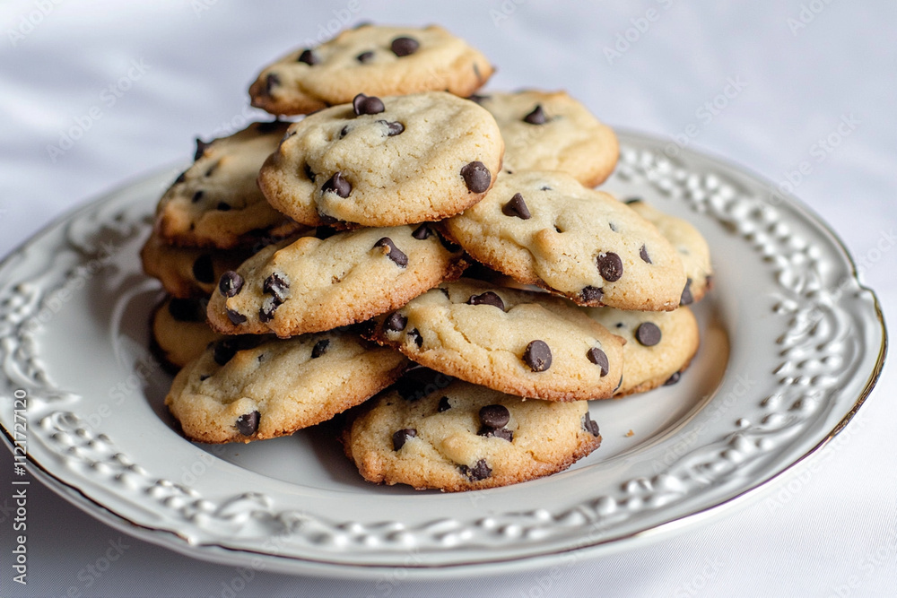 Homemade chocolate chip cookies stacked on a decorative plate Homemade chocolate chip cookies stacked on a decorative plate