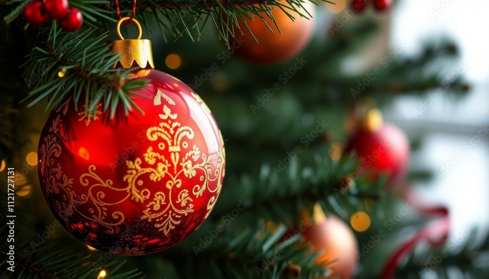 Fototapeta premium Classic Red Christmas Decoration on Evergreen