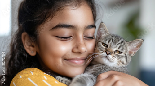 Indian girl holding pet cat kitten playing on living room together
