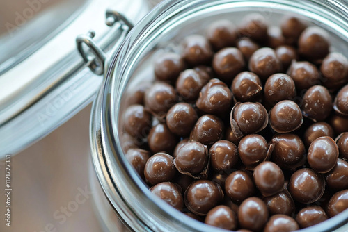Chocolate candy coated spheres in a glass jar