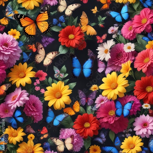 Floral pattern featuring a mix of colorful flowers and butterflies, colorful blooms, bloom