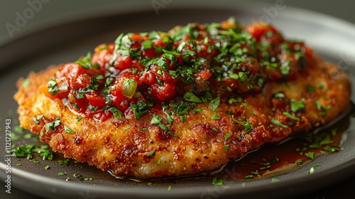 Crispy chicken breast topped with a vibrant tomato salsa, served on a dark plate. photo