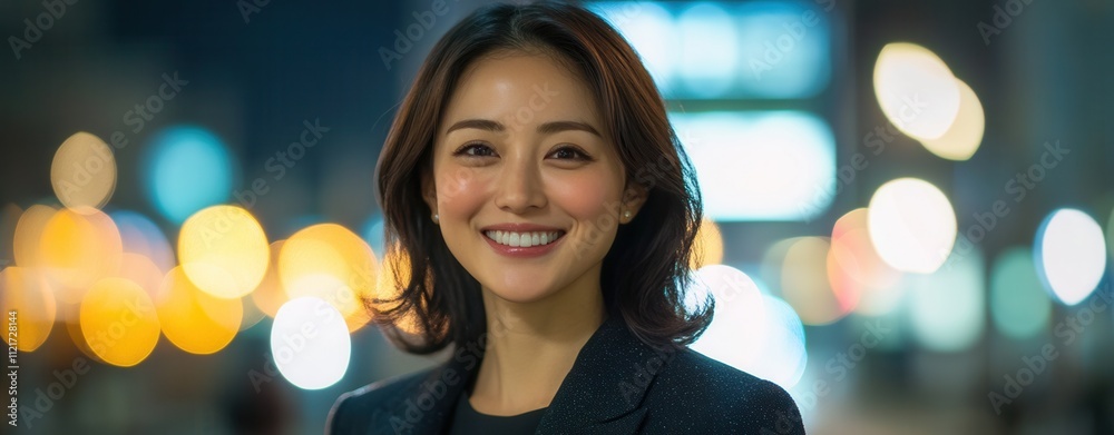 Smiling woman in a city at night. Smiling woman in a city at night.