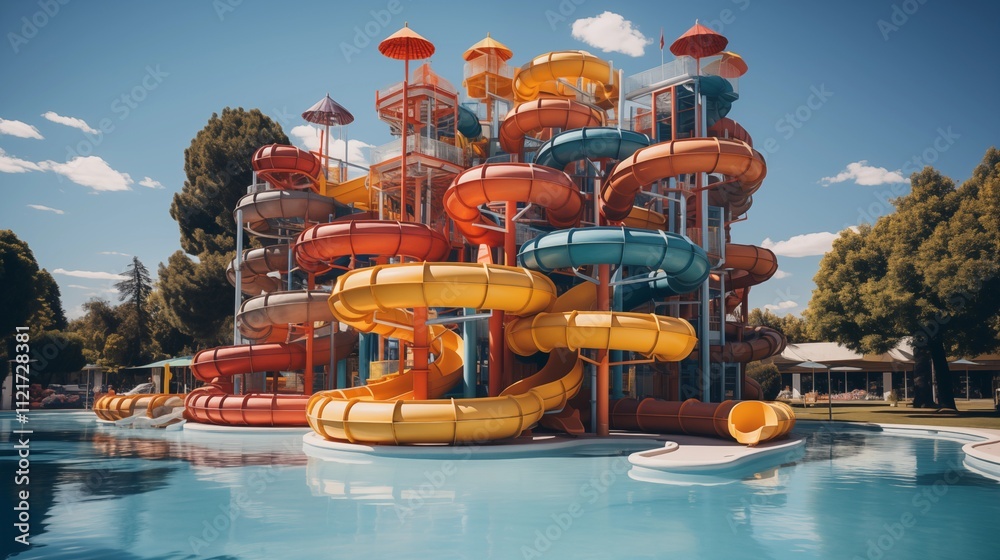 Obraz premium A variety of vibrant water toys make a splash at the aquapark, great for summer adventures.