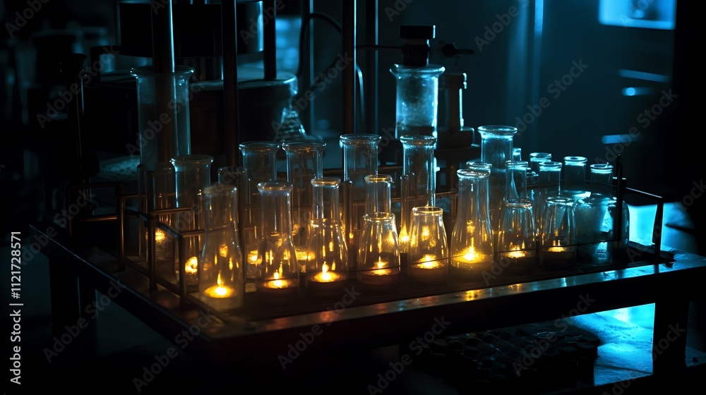 Glass Vessels Illuminate Dark Laboratory Setting Glass Vessels Illuminate Dark Laboratory Setting