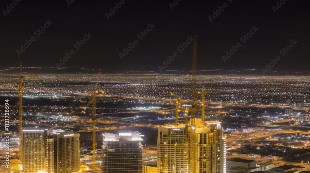 Naklejka premium A nighttime cityscape featuring illuminated buildings and construction cranes.