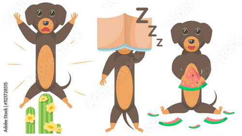 Set Abstract Collection Flat Cartoon Different Animal Dachshunds Dogs Sat On A Catus And Screams, Eats Watermelon, Sleeps With A Book On His Face Vector Design Style Elements Fauna Wildlife