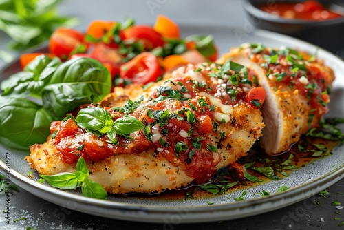 Crispy parmesan crusted chicken breast with tomato salsa and basil.