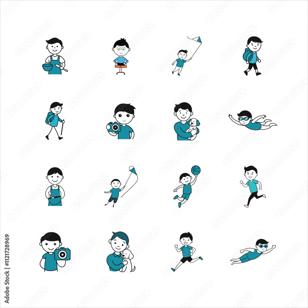 Fototapeta premium Group of Boys engaged in fun activities cartoon character vector illustration