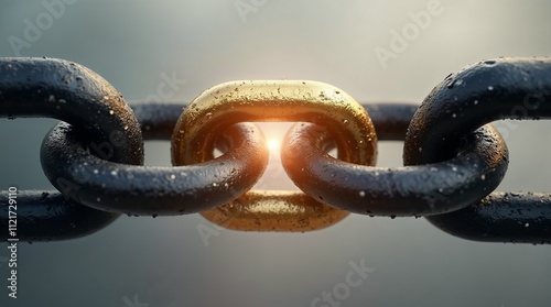 A gold link connecting two segments of a black chain, symbolizing strength, connection, leadership, or the power of one crucial link in a system.