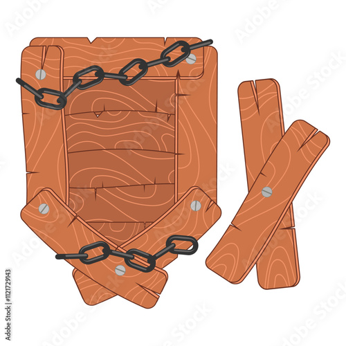 Shield made of rough wooden planks with chain fragments and crossed planks. Vector set