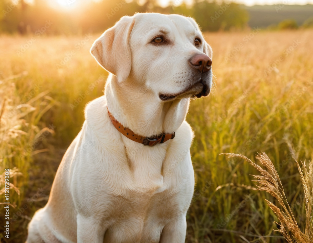 Labrador Retriever dog outdoor in a nature field with morning sunshine light Labrador Retriever dog outdoor in a nature field with morning sunshine light