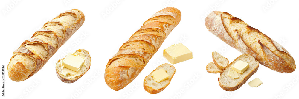Delicious crusty baguette with butter Delicious crusty baguette with butter