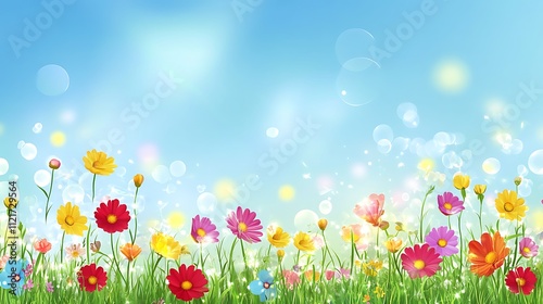 Vibrant wildflowers bloom under a bright spring sky.