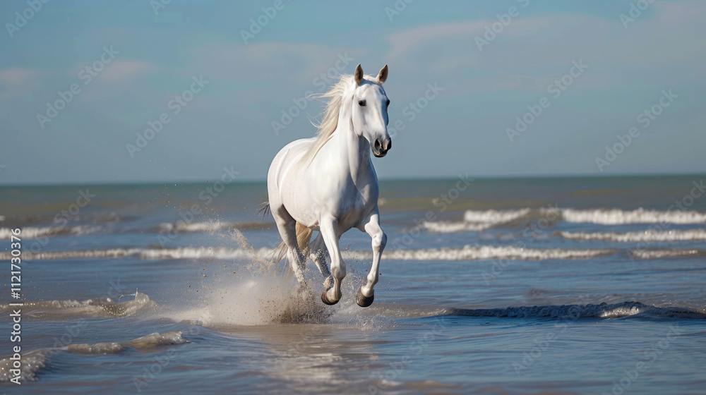 White horse galloping along the ocean shore. A wild horse runs along the sea coast. White horse galloping along the ocean shore. A wild horse runs along the sea coast.