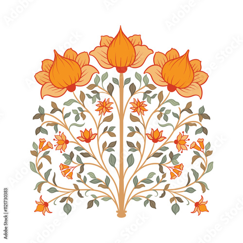 Mughal decorative ornamental floral. Vintage intricate traditional mughal style with flowers and foliage.