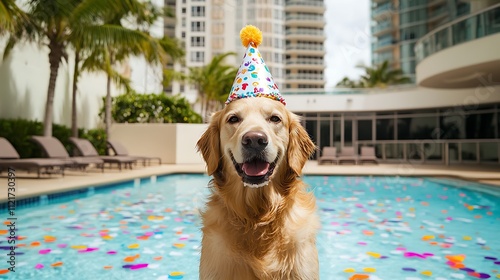Golden Retriever celebrates birthday by the pool!