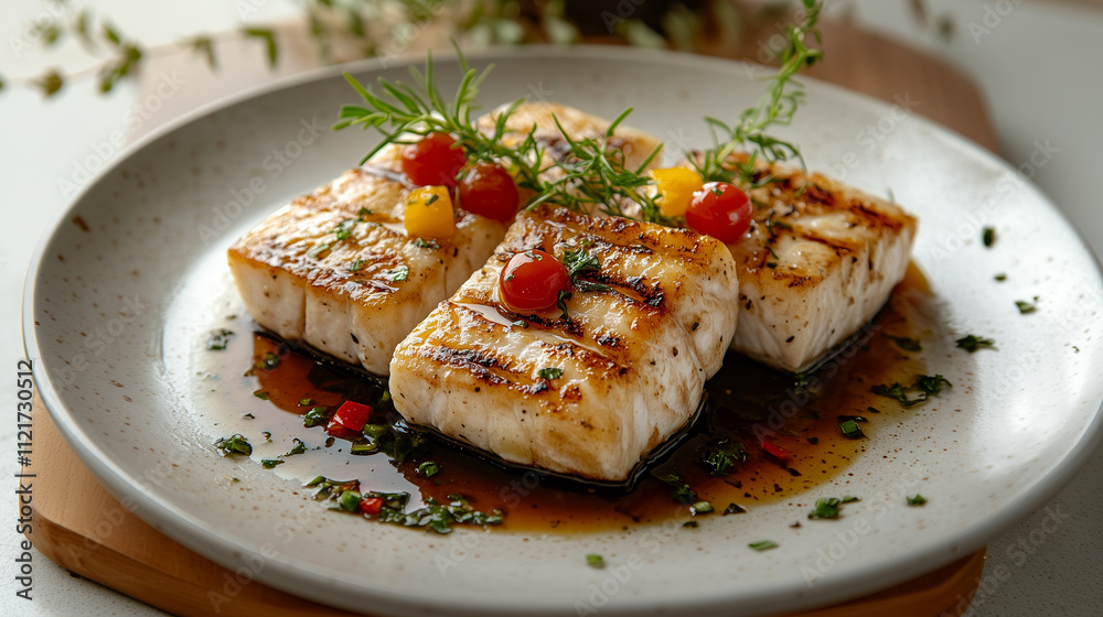 Grilled fish fillets with herbs and cherry tomatoes on a light plate Grilled fish fillets with herbs and cherry tomatoes on a light plate