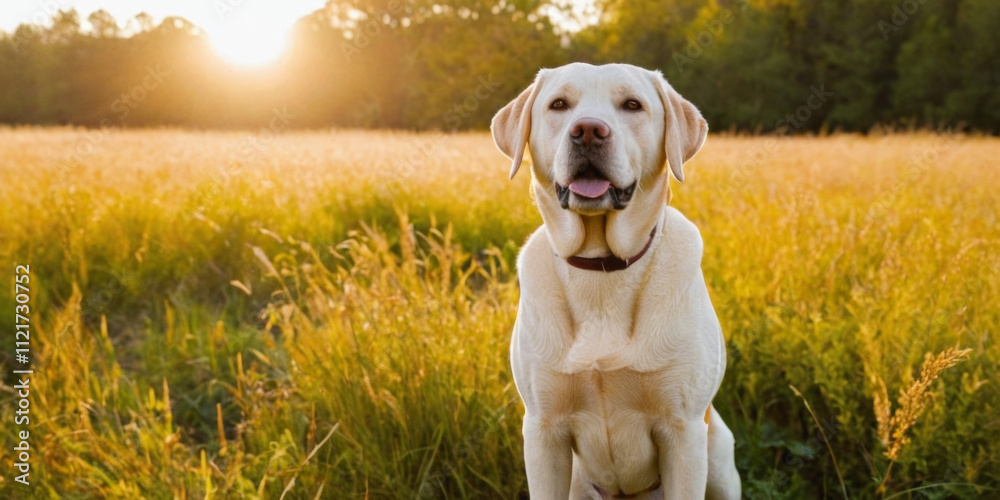 Labrador Retriever dog outdoor in a nature field with morning sunshine light Labrador Retriever dog outdoor in a nature field with morning sunshine light
