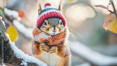 Adorable squirrel bundled up in a cozy knit hat and scarf on a snowy winter day.