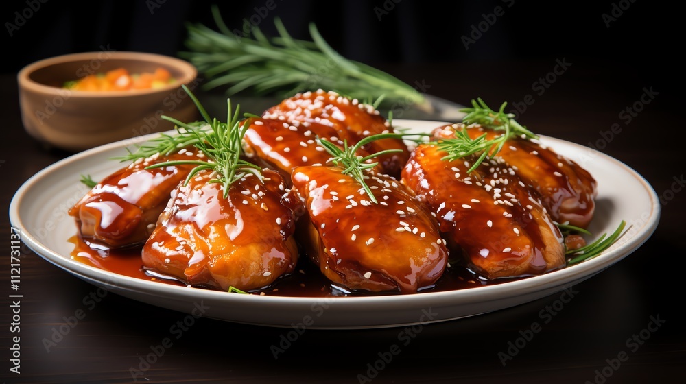 Delicious glazed chicken with sesame seeds and rosemary sprigs served on a plate. Delicious glazed chicken with sesame seeds and rosemary sprigs served on a plate.