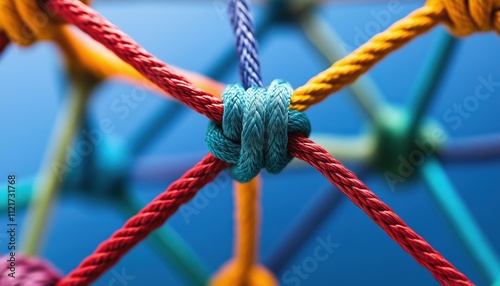 Central Network Connection Business: A Network Of Diverse Ropes Linked To A Circle Central Rope, Symbolizing Connectivity And Support Structure. photo