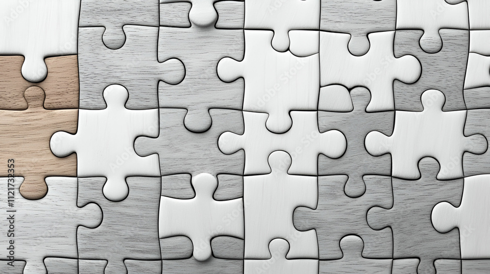 A close-up of a jigsaw puzzle with varying shades of gray, featuring one missing piece and a wooden piece, highlighting the theme of completion and connection. A close-up of a jigsaw puzzle with varying shades of gray, featuring one missing piece and a wooden piece, highlighting the theme of completion and connection.