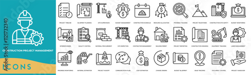 Construction Project Management icon. Project Timeline, Blueprint Planning, Site Supervision, Budget Management and Construction Schedule