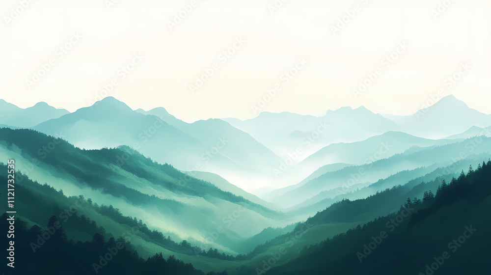 Obraz premium Abstract magical misty landscape, green hills, forest, and distant mountains, clear bright sky, representing abundance and longevity. Arcadia. Illustration