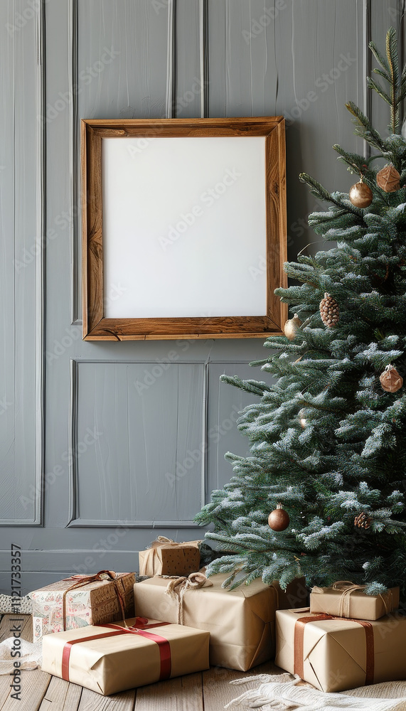 Obraz premium Christmas decorated Elegant grey wooden frame, empty white Mockup canvas, Blank Mock-up Frame Canvas, modern christmas celebration interior, wall art presentation mockup, Xmas Picture art frame