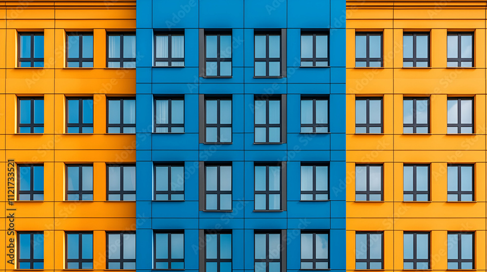 Fototapeta premium A vibrant building façade featuring alternating blue and orange colors with symmetrical window arrangements, creating a striking visual contrast.