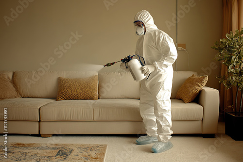 Pest control worker in mask and protective suit spraying pesticide for exterminate rats and other vermin photo