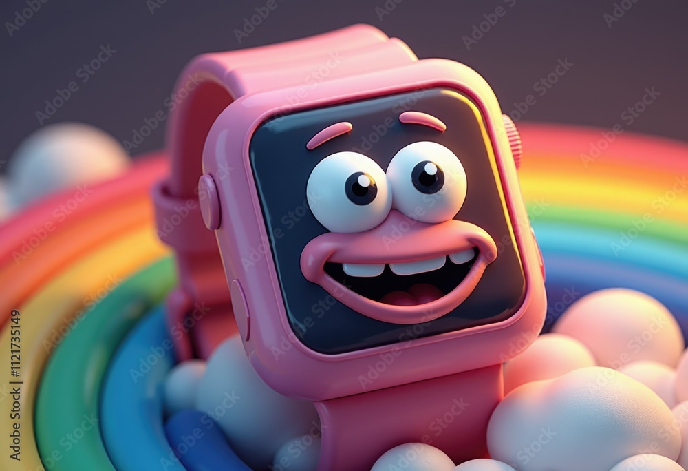 Fototapeta premium A pink smartwatch with a cartoon face smiles brightly on a rainbow and clouds.