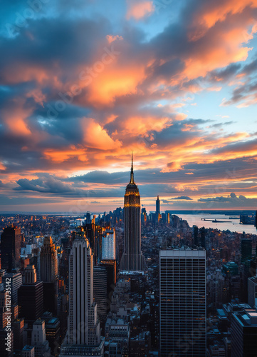 A panoramic view of the New York City skyline at sunset, with the iconic Empire State Building and other skyscrapers dominating the cityscape. 