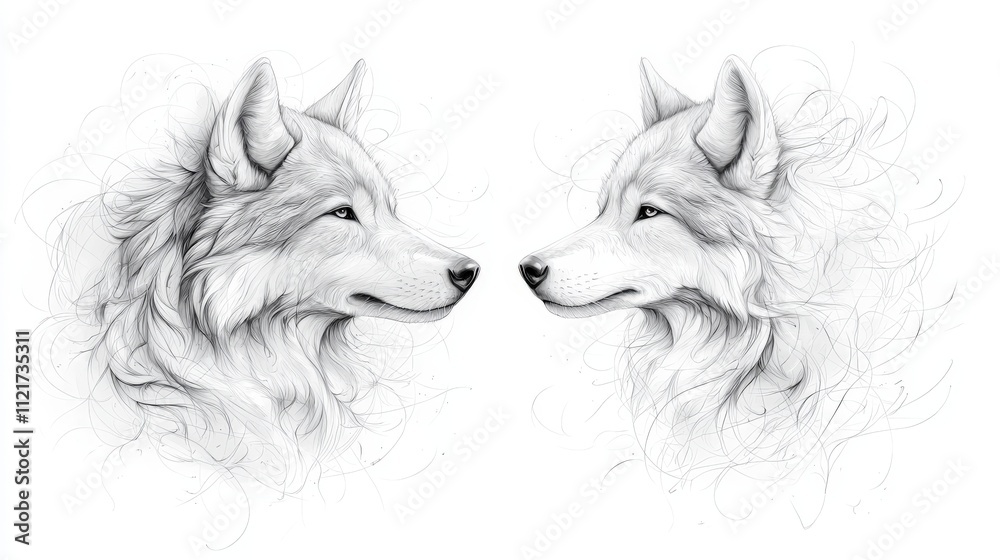 Fototapeta A beautifully detailed sketch of two majestic wolves, showcasing their elegant features and expressive eyes, perfect for wildlife art lovers.
