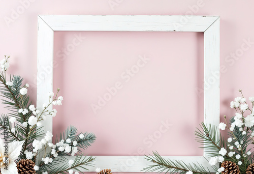 A white wooden frame with Christmas decorations including pine branches, pine cones, and white flowers against a soft pink background
