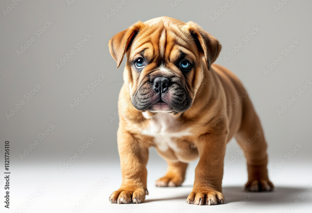 A young brown bulldog puppy with a wrinkly face and short fur, standing on a white background A young brown bulldog puppy with a wrinkly face and short fur, standing on a white background