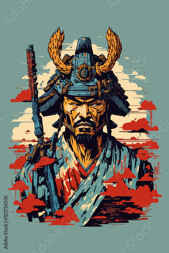 Samurai Warrior in Graphic Art with Bold Colors and Clouds