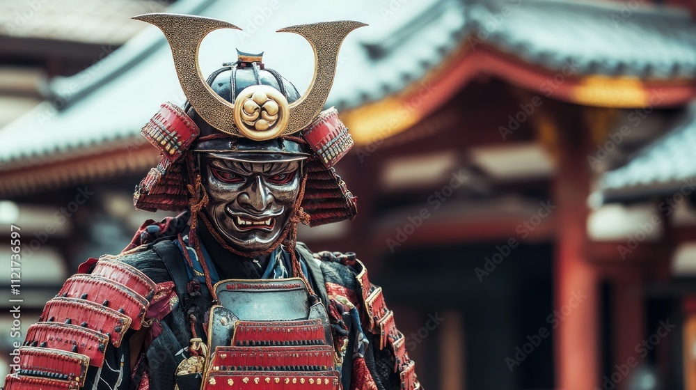 Fototapeta premium portrait samurai with oni mask standing in front of traditional building