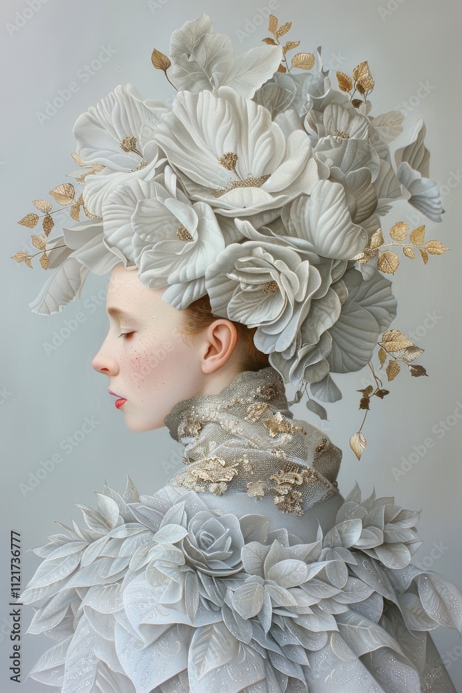 A serene portrait featuring a model adorned with intricate floral headpiece and detailed attire, perfect for fashion or botanical-themed projects, editorial work, and artistic designs, A serene portrait featuring a model adorned with intricate floral headpiece and detailed attire, perfect for fashion or botanical-themed projects, editorial work, and artistic designs,