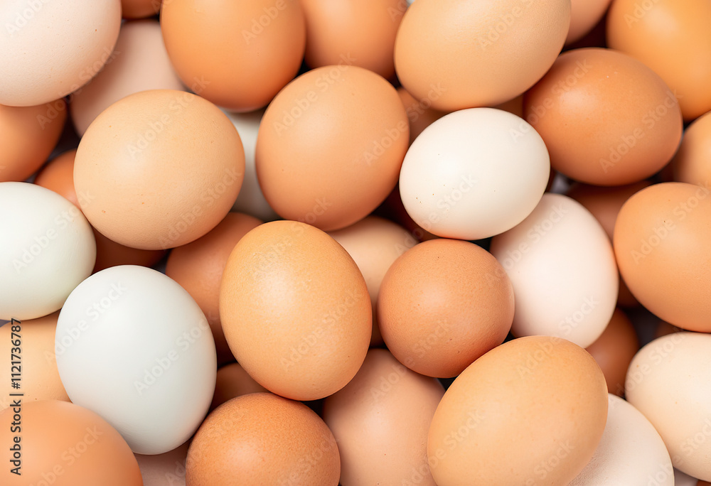 Closeup of various chicken eggs, some brown and some white, in a pile Closeup of various chicken eggs, some brown and some white, in a pile