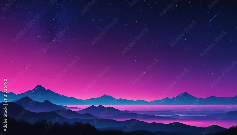 Beautiful pink and purple sky with a large moon. The sky is filled with clouds and the mountains are in the background Beautiful pink and purple sky with a large moon. The sky is filled with clouds and the mountains are in the background