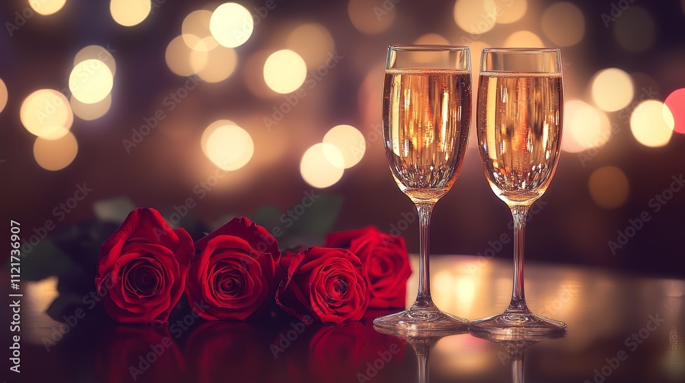 Two Glasses of Sparkling Wine with Red Roses and Soft Golden Bokeh Lights Creating a Romantic and Festive Scene Two Glasses of Sparkling Wine with Red Roses and Soft Golden Bokeh Lights Creating a Romantic and Festive Scene