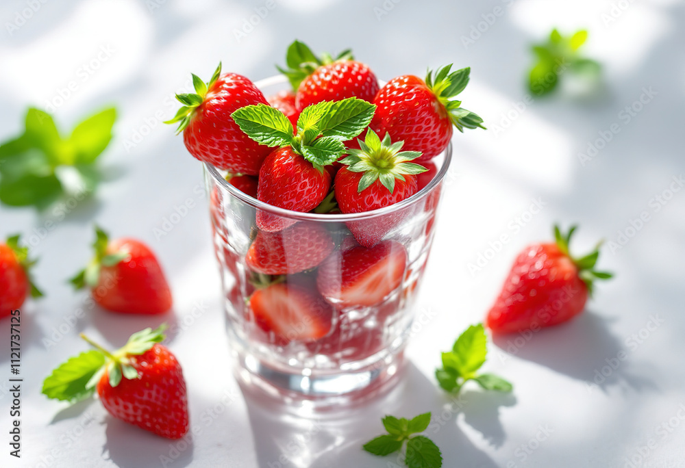 Fresh strawberries with mint leaves in a glass, on a white background Fresh strawberries with mint leaves in a glass, on a white background