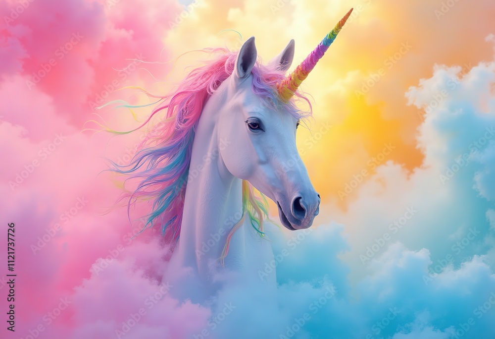 A unicorn with a rainbow mane and a pink nose stands in the sky A unicorn with a rainbow mane and a pink nose stands in the sky