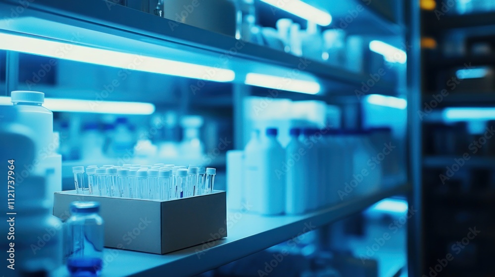 Laboratory Shelf with Test Tubes and Bottles Under Blue Light Laboratory Shelf with Test Tubes and Bottles Under Blue Light