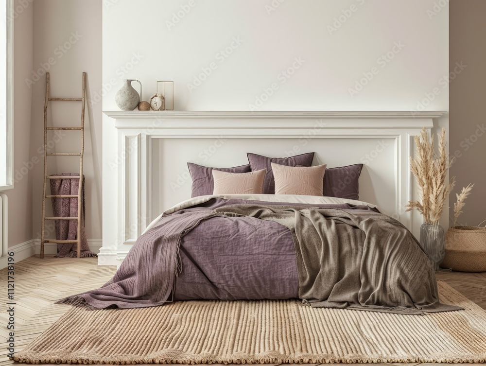 Cozy Bedroom Interior with Purple Bedding and a White Mantelpiece Cozy Bedroom Interior with Purple Bedding and a White Mantelpiece