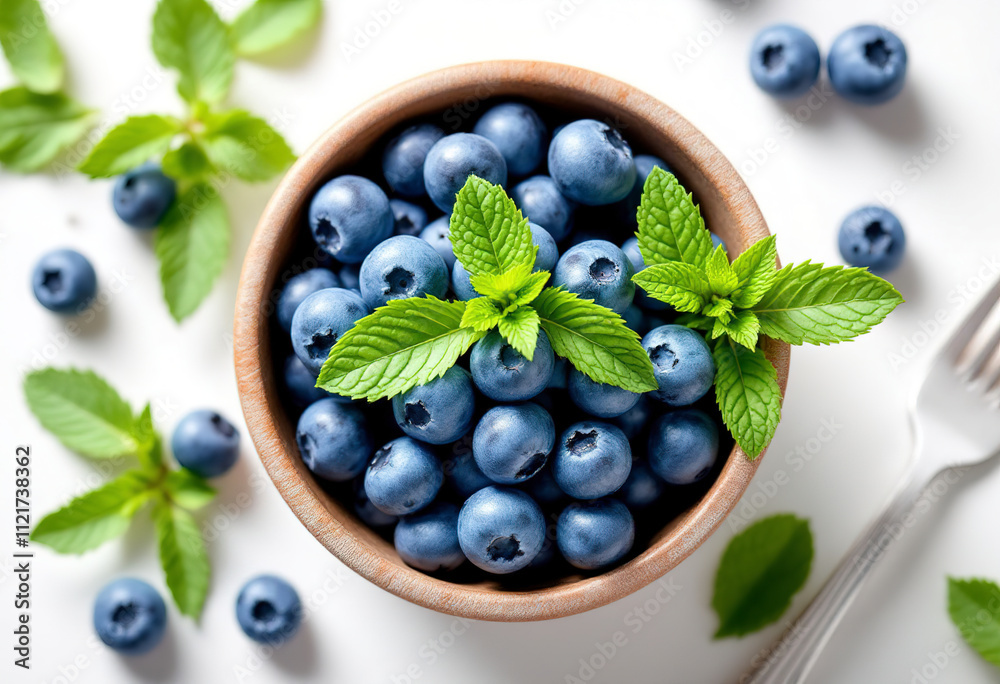 Top view a Blueberry in the bowl with mint leaves isolated on white background Top view a Blueberry in the bowl with mint leaves isolated on white background