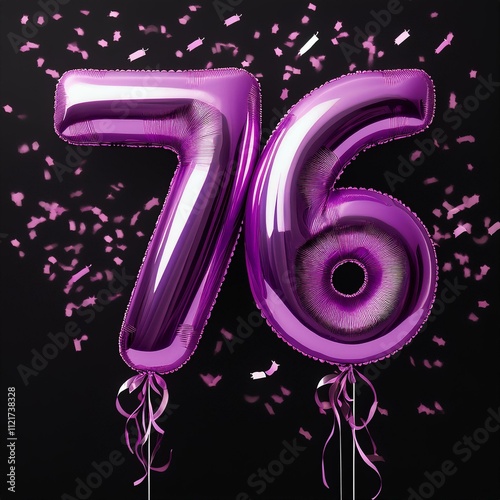 Purple birthday / anniversary balloon, number 76, black background with confetti